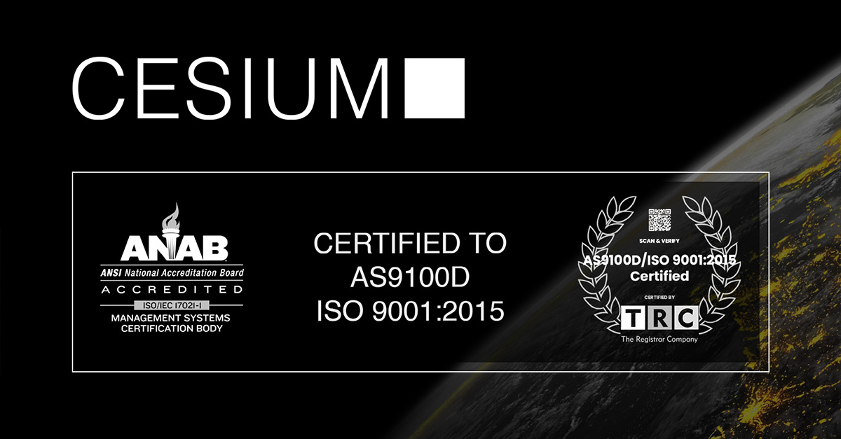 CesiumAstro's tweet photo. CesiumAstro is proud to announce certification of our Quality Management System to AS9100D. 

AS9100 is the international quality management system standard for the Aviation, Space, and Defense industry. 

Learn more here: https://t.co/YuKXCUVUWa https://t.co/hp72S9G7L5