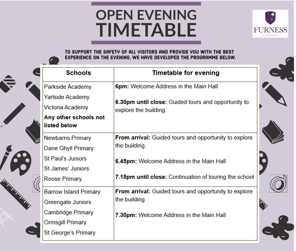 FurnessAcademy's tweet photo. 💜Year 6 Open Evening💜
To support the safety of all our visitors &amp; to provide you with the best possible experience tomorrow evening, we have developed a timetable for the welcome address for each school. We hope you will support us with this &amp; we look forward to welcoming you🥰 https://t.co/wCTsvY3Obp