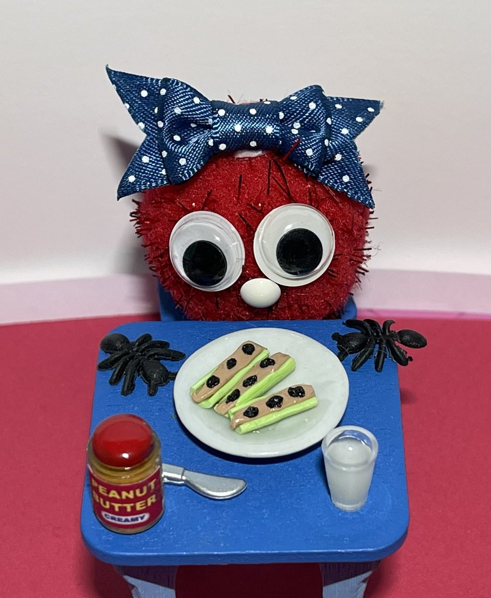 Time to celebrate “National Ants 🐜 🐜on a Log Day”  by enjoying this delicious &amp; nutritious snack… simply spread some peanut butter on celery, then place raisins on top!🥳
Hoping this lil Peep can get hers before these pesky ants do!😆
#antsonalog #miniature #Read #silly #snack