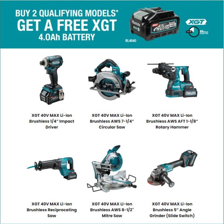 ltlcanada's tweet photo. No strings attached. Go cordless at your jobsite with 2 qualifying XGT Tools from Makita and get a free XGT Battery. Check out more Makita promotions: https://t.co/ytYSxV8fwD  

#makitatools #linelife #makitaxgt https://t.co/zg0gJJn5U4