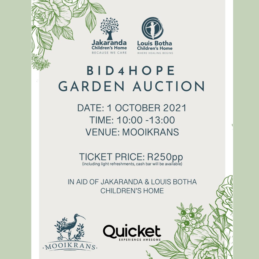 #Bid4Hope Garden Auction
Support our fundraising event!
Book you tickets on quicket.co.za
