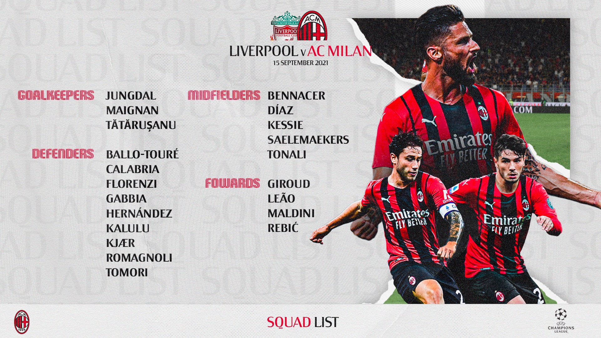 AC Milan on Twitter: "📋 The squad for our @ChampionsLeague debut 📋 convocati per #SempreMilan #UCL #SempreMilan https://t.co/3y6UDC4pbD" Twitter