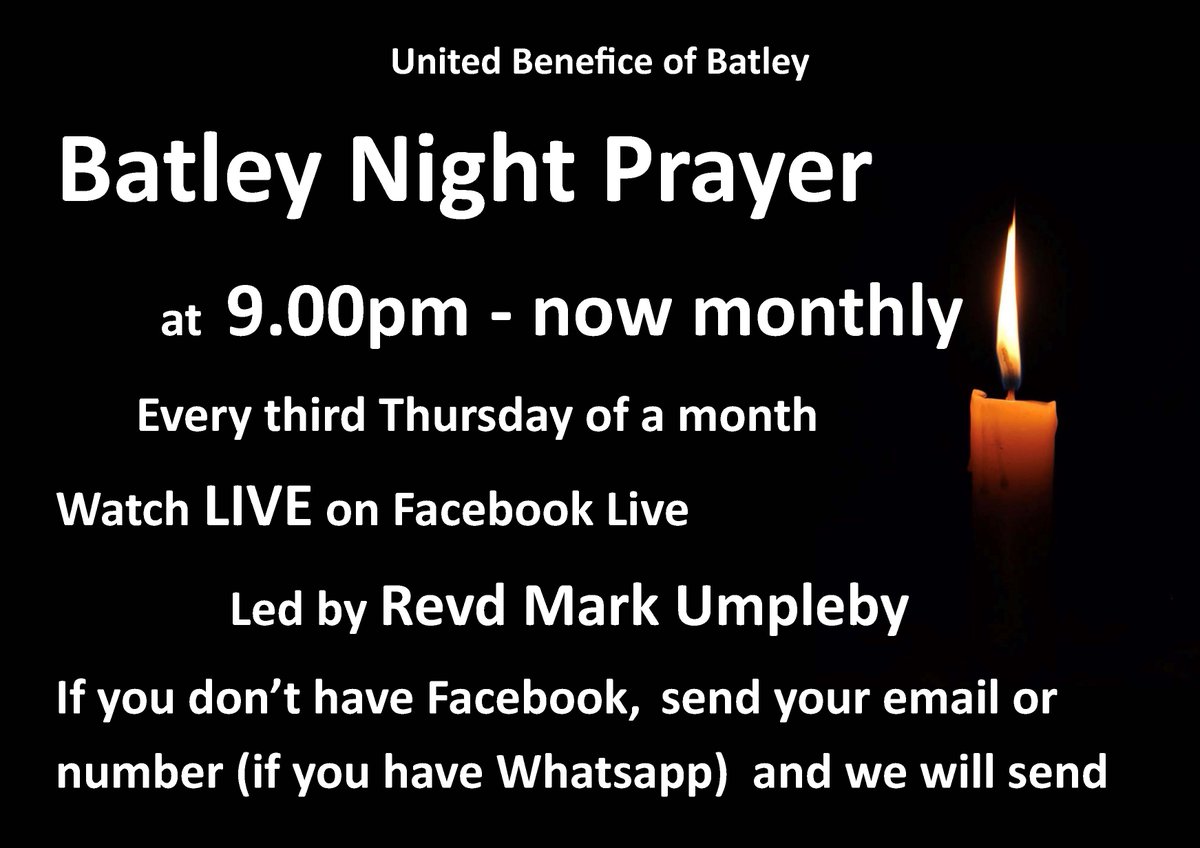 The return of #Batley Night Prayer - now monthly every third Thursday - live on Facebook at 9.00pm >> 
click here to see the event details >> facebook.com/events/3041000…
Time to pause and reflect - listen to music - pray - and think. #BatleyNightPrayer