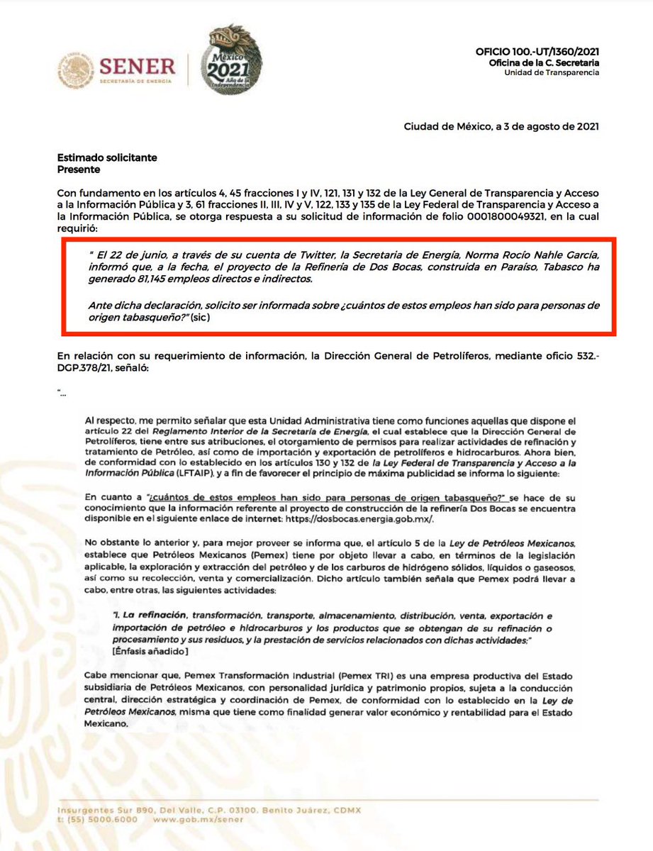 PerezSoraya's tweet photo. 🚨Nuevamente #TransparenciaColorChapopote en Dos Bocas

@Pemex y @SENER_mx se pasan la bolita y nadie me puede decir cuantos empleos ha generado este proyecto para mis paisanos tabasqueños 😡

La apuesta de @lopezobrador_ para su tierra está fallando y merecemos una explicación‼️ https://t.co/SEg9KZpdb4