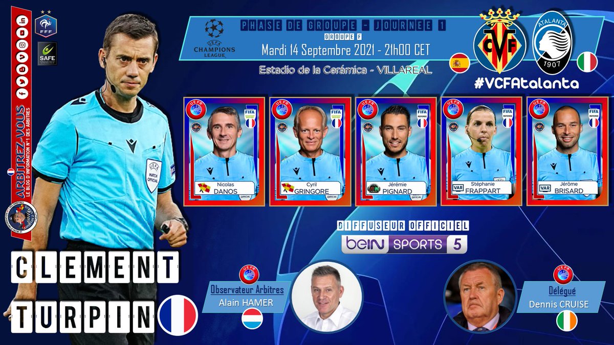 ArbitrezVous's tweet photo. 🌍| #UEFA - #championsleague #UCL J1
#⃣| #VCFAtalanta
⚽️| @VillarrealCF 🇪🇸 🆚 @Atalanta_BC 🇮🇹
🗓️| 14/09/2021
🕖| 21h00
🏟️| Estadio de la Cerámica - VILLARREAL
📺| @beinsports_FR
ℹ️| https://t.co/6wFQqGbQUM
@ArbitresSAFE @lequipe @FFF @deux_zero @Law5_TheRef @Ligue_LBFC_Foot https://t.co/P3jALktwDR