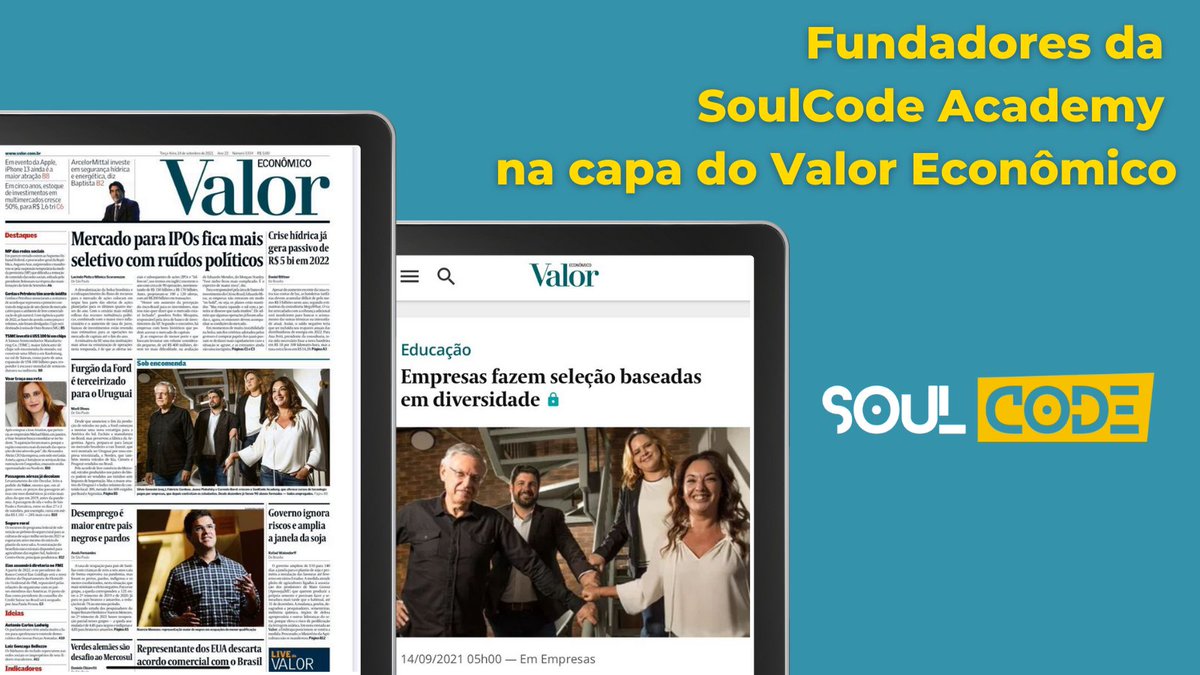 SoulCodeAcademy's tweet photo. Um grande orgulho para todos: os Cofundadores da #SoulCodeAcademy, Carmela Borst, Fabricio Cardoso, Juana Pinkalsky e Silvio Genesini, saíram hoje na capa do Valor Econômico!
Quer conferir a matéria completa? É só acessar: https://t.co/plg2xM5MrT
#SoulCodeAcademy #TNTEnergyDrink https://t.co/MujO7jQgO6