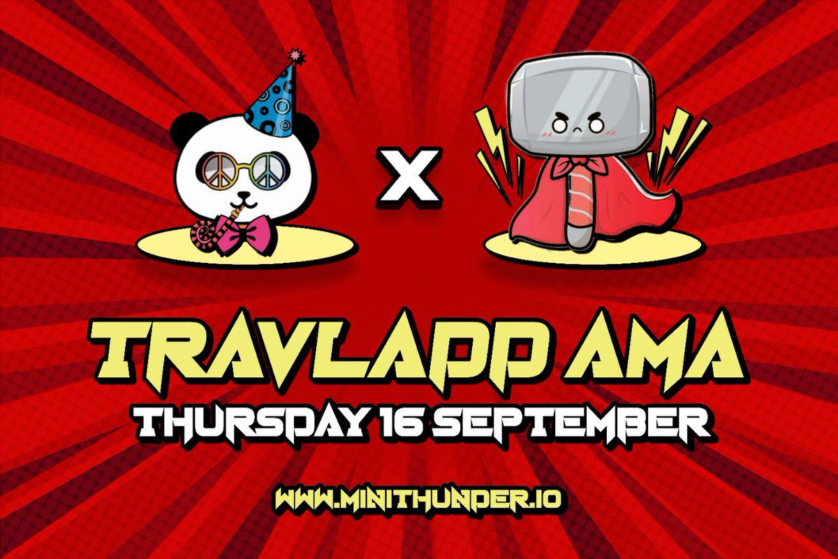 MiniThunderBSC's tweet photo. Tune into our AMA with @OfficialTravlad on the 16th of september!

100$ gifted to a random person that retweets + likes this in 24 hours!!

#minithunder https://t.co/edY9inE0eT