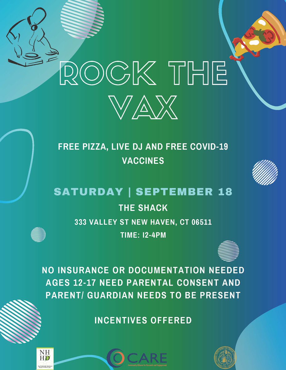 NHVPublicHealth's tweet photo. Coming up - ROCK THE VAX!
Join us this Saturday at The Shack for free pizza, music, COVID shots and incentives! We will be here from 12-4pm! Bring your friends and your family, let's have some fun! This is a partnership between the health dept &amp;
@carenhvct
 @MaritzaBondmph https://t.co/7DdWSRNFTu