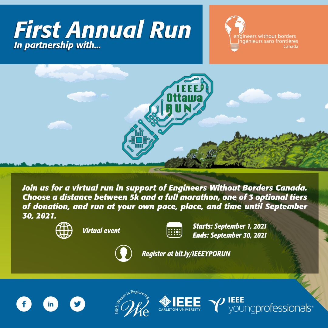 It is with great pleasure that IEEE Young Professionals Ottawa is organizing our first run. This year we are supporting Engineers Without Borders Canada.
Select one of the Tiers and your running goal from 1 km to a full marathon, submit your recorded run and help us support EWB