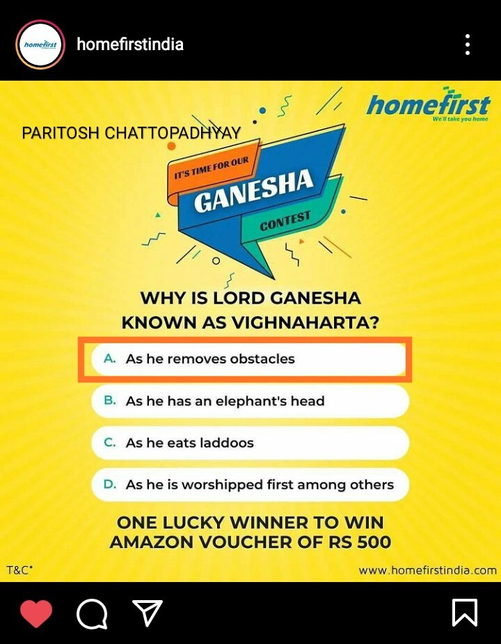 @homefirstindia A. As he removes obstacles 

#GaneshaContest
#giveaway #giveawaycontest #giveaways #giveawaytime #repost #contest #like #love #win #giveawayalert #giveawayindia #competition #ganpati #ganeshchaturthi  #ganesha #bappa #ganpatibappa #indiancontest #HomeFirst
@homefirstindia