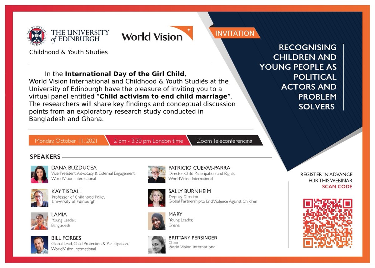 In the International Day of the Girl Child, please join us on the virtual panel “Child activism to end child marriage”.  Monday, October 11, 2021, at 2pm London time. <a href="/worldvision/">World Vision</a> <a href="/CYSRG1/">Children and Young People Thematic Hub</a> 
Register in advance for this webinar at the following link:
worldvision.zoom.us/webinar/regist…