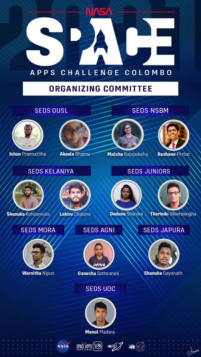 SpaceAppsLK's tweet image. &quot;Alone we can do so little; Together we can do so much!&quot;
              -Helen Keller-
Hello Sri Lankans 🇱🇰
Here we take great pleasure in announcing the organizing committee of NASA Space Apps Colombo 2021🚀💙

Congratulations and All the very best!!!

#Spaceapps #NASA #SEDSSL