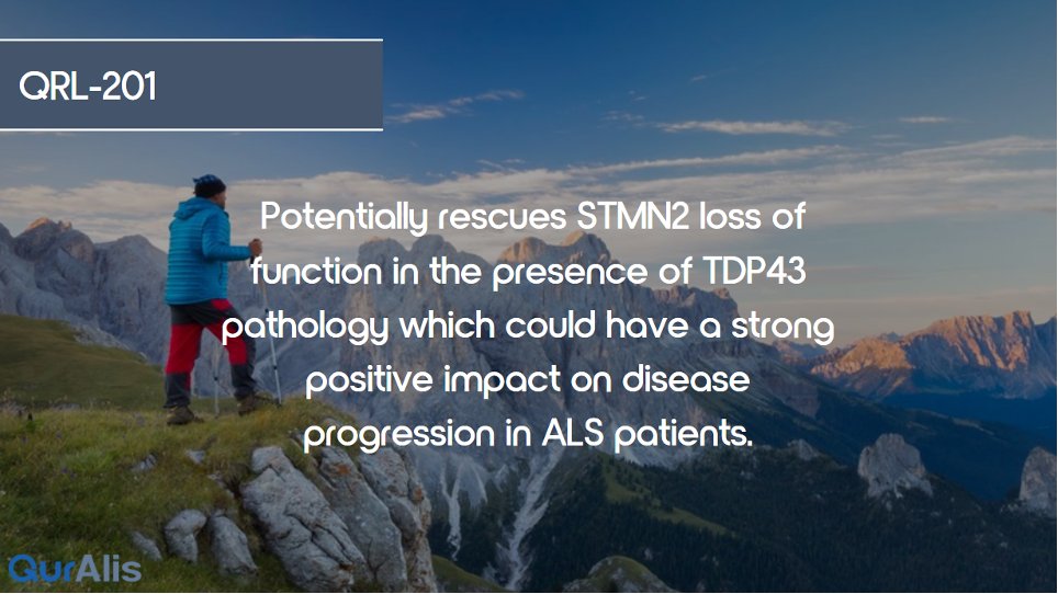 QurAlisCo's tweet photo. Lead candidate #QRL-201 emerges from stealth as we pursue new treatments for #ALS patients. QRL-201 potentially rescues STATHMIN-2 loss of function in motor neuron disease models in the presence of #TDP43 pathology. Read more here https://t.co/h75csFE0Cf https://t.co/2r4vLEmHxE