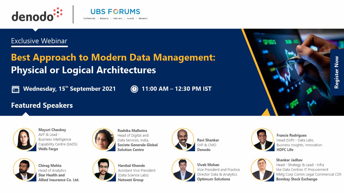 ubsforums's tweet image. Join us for an exclusive webinar &quot;Best Approach to Modern Data Management: Physical or Logical Architectures&quot; is on Wed 15th Sept from 11:00AM-12:30PM IST
In collab with @denodo
We are delighted to welcome all our eminent speakers 
Register- lnkd.in/eXjxkMQx
#moderndata