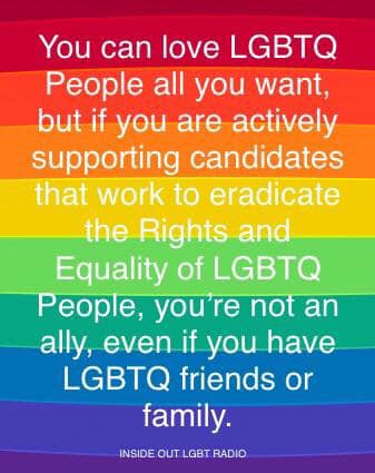 marnipanas's tweet photo. You can love #2SLGBTQ People all you want, but if you are actively supporting candidates that work to eradicate the Rights and Equality of #2SLGBTQ People, you’re not an ally, even if you have #2SLGBTQ friends or family. #cdnpoli @InsideOutLGBT https://t.co/dPWkovIpLD