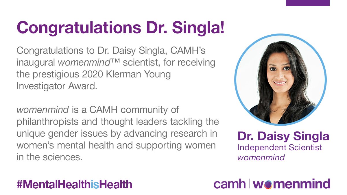Congratulations Dr. Daisy Singla, CAMH's first-ever #womenmind scientist, on this award. Daisy's work includes the <a href="/TheSUMMITTrial/">The SUMMIT Trial</a>, which aims to improve access to talk therapies for pregnant women and new mothers, helping to reduce the burden of mental illness worldwide.
