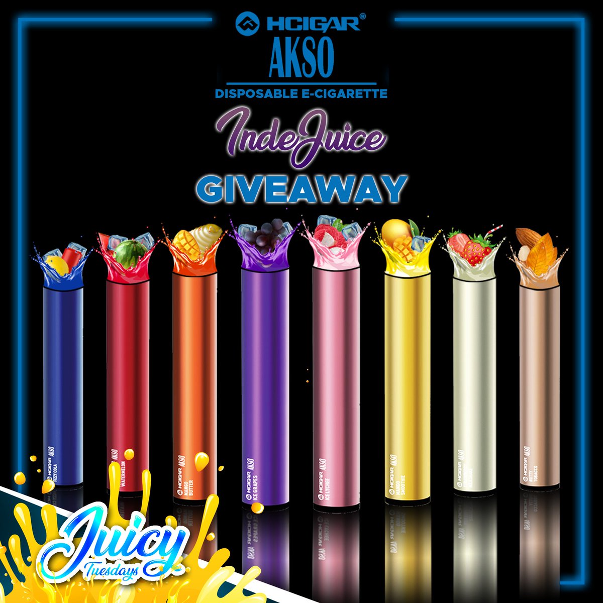 It's another BIG Juicy Tuesday Today! The guys over at @vapempire_my &amp; <a href="/IndeJuice/">IndeJuice</a> are giving 5 lucky winners the chance to win the whole range of AKSO disposables by HCigar! 

Simply: 
1. Like &amp; Retweet
2. Follow @vapempire_my &amp; <a href="/IndeJuice/">IndeJuice</a> 
3. Tag your friends 

UK Only!