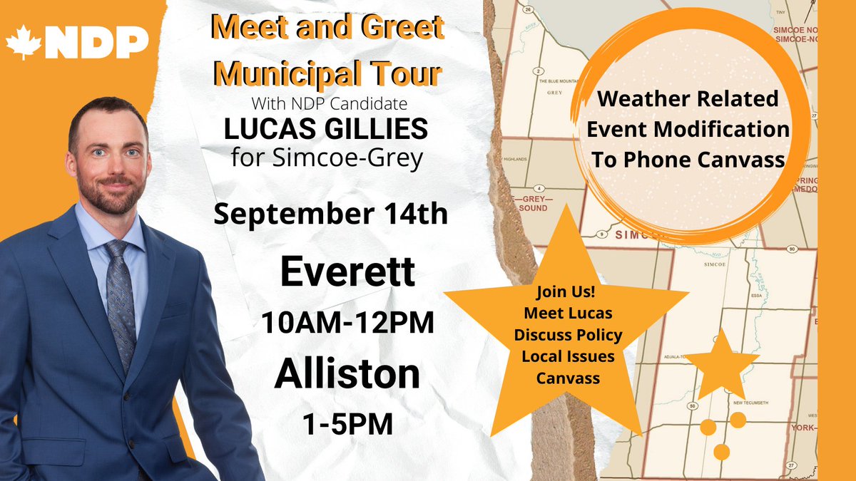 SimcoeGreyNDP's tweet image. Today Lucas is focusing on Everett and Alliston! Due to the potential for severe storms today, Lucas will be doing phone calls to residents in Everett and Alliston instead of mainstreeting, but is hoping to be able to reschedule another visit soon to the communities! #Elxn44