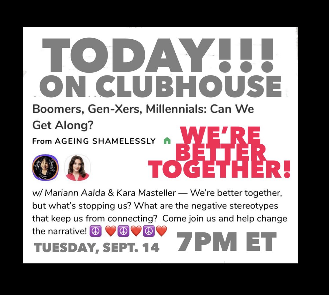 mariannaalda's tweet image. clubhouse.com/event/Pr1eY8El @kmasteller17 @ChickensSpring @OldSchool_Info @thischairrocks @55fakingnormal @gloriousbroads @TheAgeBuster @age_no_barrier @trustsum1over30 @cronetraining