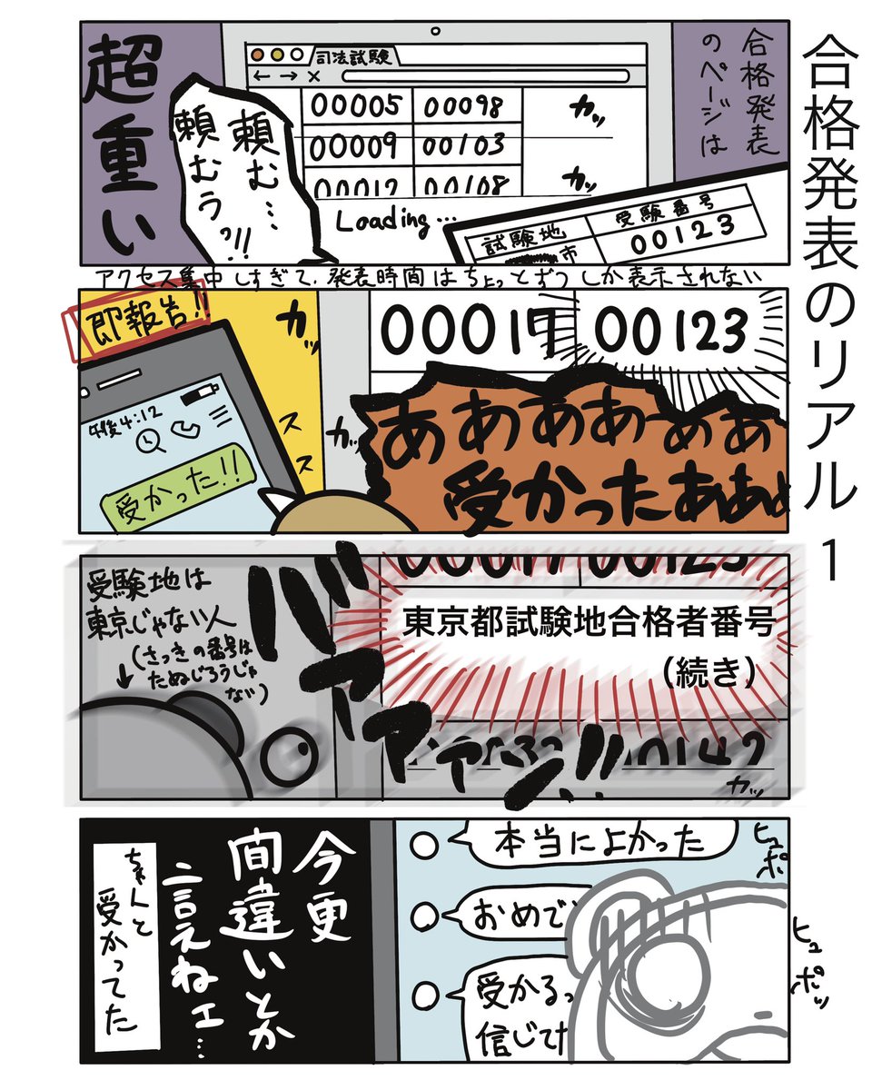 遅れましたが、司法試験に合格された皆様、おめでとうございます!!
合格発表のホームページ、もうちょい何とかならんのかって思いますwww

#弁護士 #法律事務所 #漫画 #四コマ漫画  #エッセイ漫画  #漫画が読めるハッシュタグ #マンガが読めるハッシュタグ #たぬじろう #食っていけない弁護士 