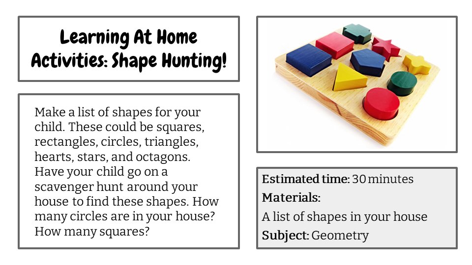 What shapes can you find today?

Thank you to Active for Life for the activity idea! activeforlife.com/200-activities…

Please be sure to visit Illinois Early Learning to see all we have to offer! illinoisearlylearning.org