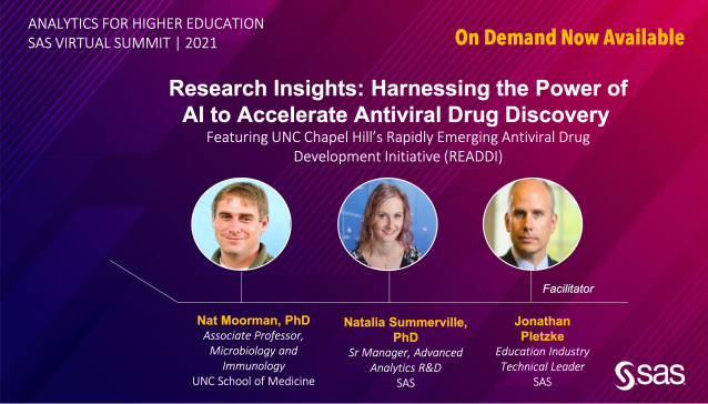 IainLJBrown's tweet photo. UNC READDI is using #AI to develop new antiviral drugs for emerging viruses. Find out how! Watch the free on-demand presentation. #SASHigherEdSummit #COVID19 https://t.co/gbkZfIBCIy https://t.co/9LCHjVW2tc