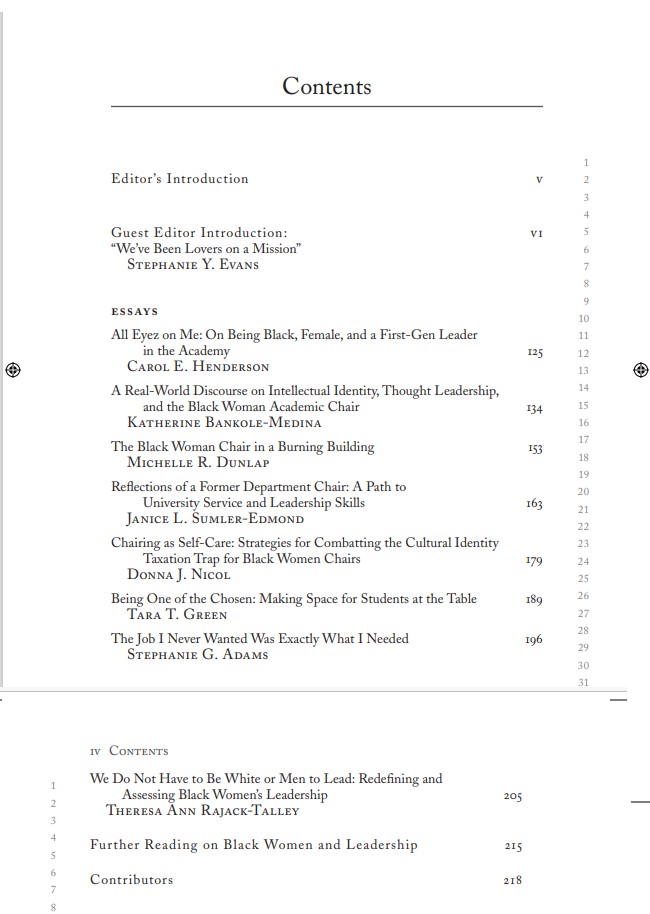 Prof_Evans's tweet photo. Pleased to share Contents of the 10th Anniversary Palimpsest Journal, out Nov 1st. CHAIR AT THE TABLE: BLACK WOMEN &amp; ACADEMIC LEADERSHIP--REFLECTIONS &amp; RECOMMENDATIONS. Shout out to Tracy Sharpley-Whiting &amp; @SUNYPress. As I end my last year as chair, thankful for these lifelines. https://t.co/kkYohCD7ct