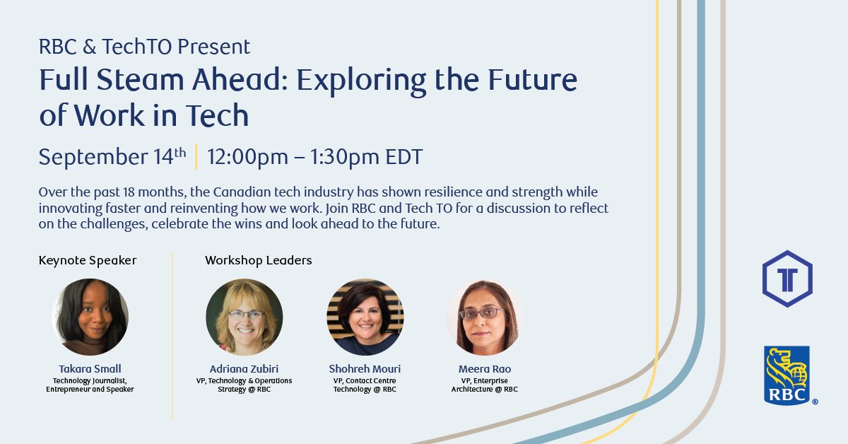 Kicking-off RBC w. TechTO today at lunch  - we've got 4 VPs and a lineup of other amazing leaders who will dive in to all-things "future of tech" -  tickets are free and the energy is high. Join us! 
<a href="/TechTO/">TechTO</a> <a href="/RBC/">RBC</a>