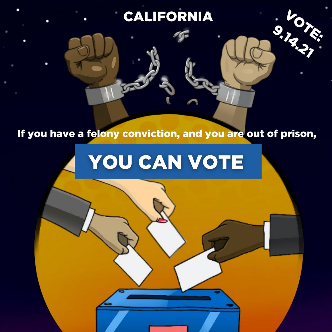 Text: "CALIFORNIA If you have a felony conviction, and you are out of prison, YOU CAN VOTE. VOTE 9.14.21." Image of a sun against a night sky with people putting ballots into a box. 