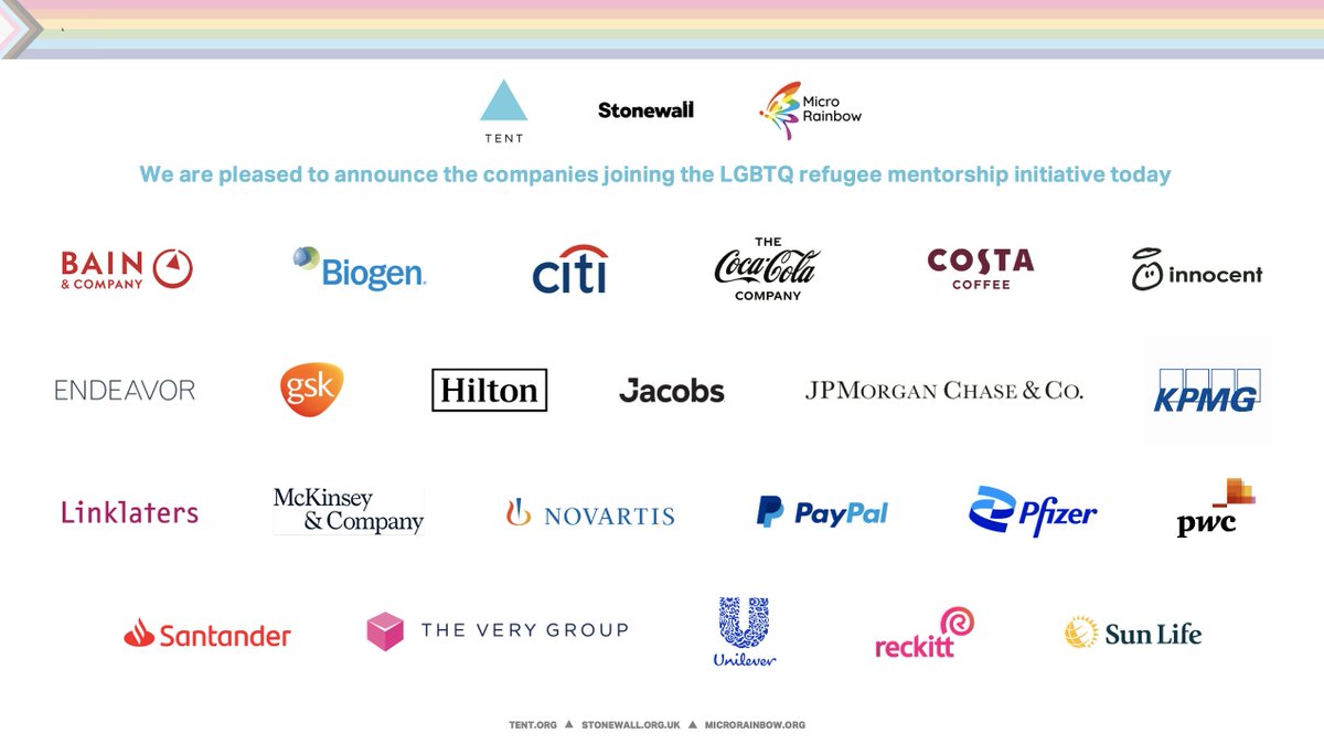Incredibly proud of the 19 companies that joined the <a href="/TentOrg/">Tent Partnership for Refugees</a>, @StonewallUK, &amp; <a href="/MicroRainbow/">Micro Rainbow</a> LGBTQ #refugee mentorship initiative today 👏 - announcing plans to provide #mentorship to 600+ LGBTQ #refugees in the UK over 3 yrs. 🏳️‍🌈 🤝 🇬🇧
 
#MentorshipMatters bit.ly/2YQGLkx