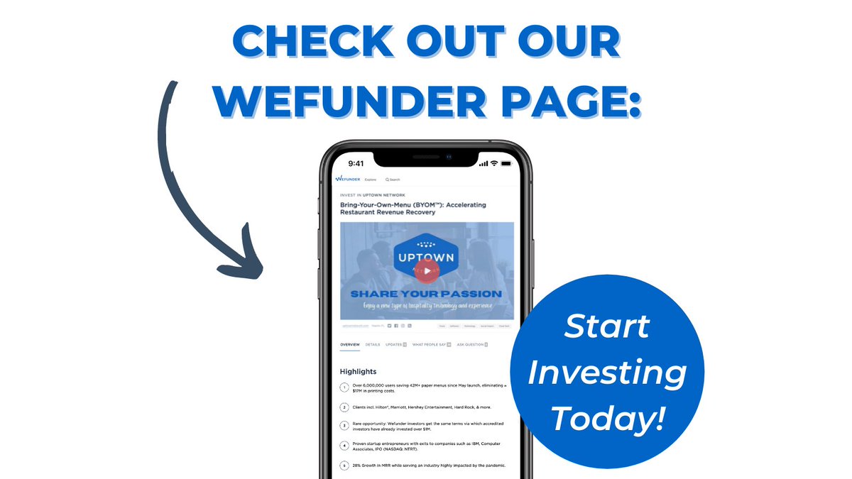 Did you know Uptown Network is on Wefunder? Check out our campaign page to learn more: wefunder.com/uptownnetwork/

#FoodAndBeverage #QRCode #HospitalityIndustry #Restaurants #Innovation #Invest #Investing #Sustainability #Trending #TheNetwork