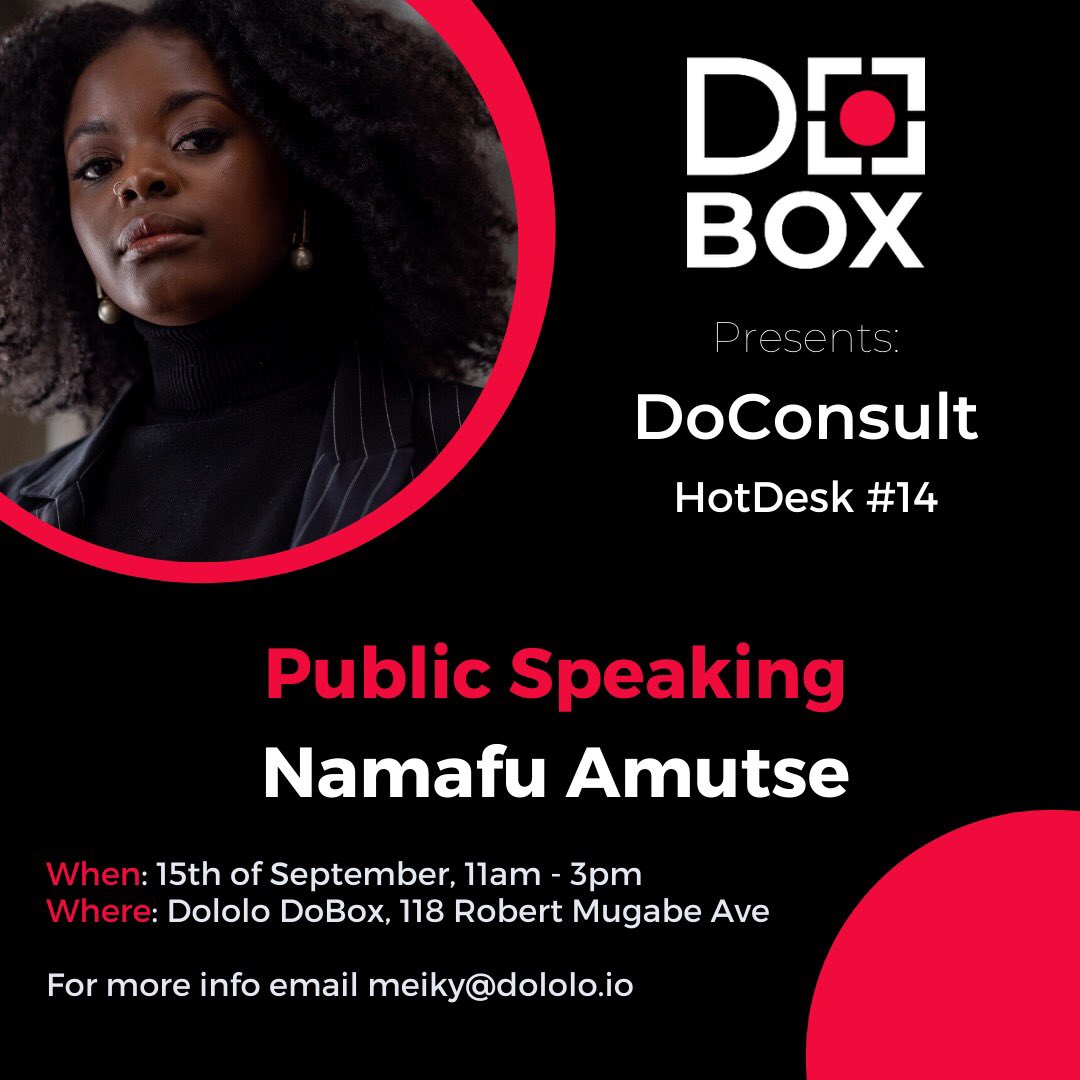 Dololo DoBox (@dololo_io) on Twitter photo LET'S GET YOUR PUBLIC SPEAKING SKILLS POLISHED ! Join us tomorrow for an insightful Hotdesk session with the lovely Namafu from 11AM - 3PM. See you there ! 💃🏾
To book a consultation email meiky@dololo.io LET'S GET YOUR PUBLIC SPEAKING SKILLS POLISHED ! Join us tomorrow for an insightful Hotdesk session with the lovely Namafu from 11AM - 3PM. See you there ! 💃🏾
To book a consultation email meiky@dololo.io