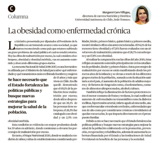 OPINIÓN 🗞️ "Se hace necesario que el Estado fortalezca las políticas públicas y busque nuevas estrategias para mejorar la salud de la población" dice hoy Margaret Caro, directora de #Nutrición y #Dietética, en 
<a href="/AustralTemuco/">Diario El Austral</a>