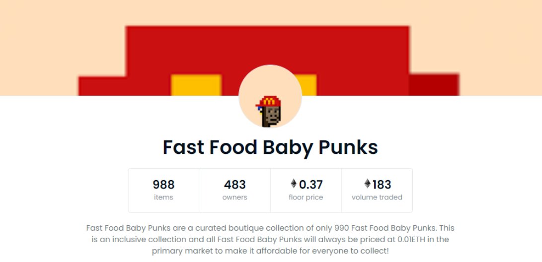 ffbabypunks's tweet photo. What really happened to Fast Food Baby Punks
1/10 Started off as a derivative project in Opensea. It caught the wave of Fast Food Derivatives that quickly became a favorite to many first time NFT buyers. IT quickly became a strong community driven and built project. https://t.co/yuJu9md73L