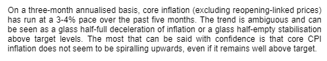 NickTimiraos's tweet photo. Standard Chartered's Steve Englander sums it up aptly: Today's report is alternately "a glass half-full deceleration of inflation or a glass half-empty stabilization above target levels" https://t.co/U9tIJjjx99