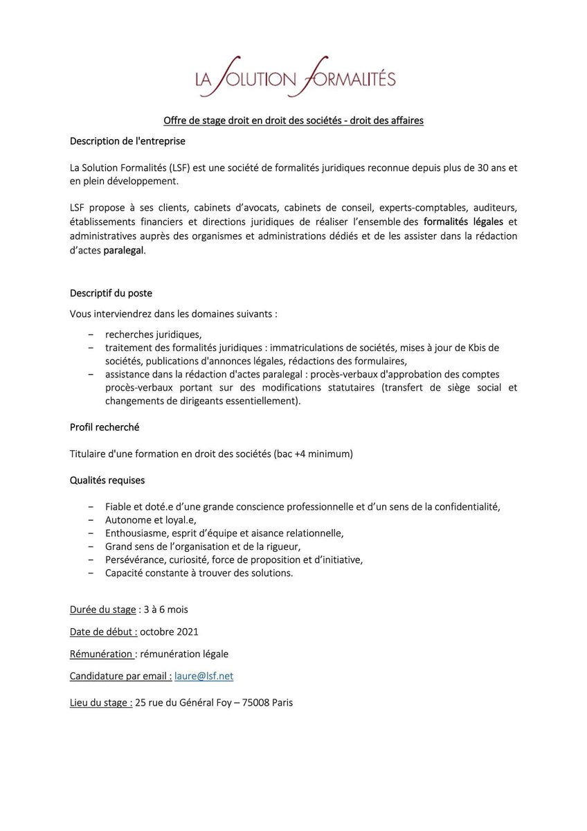🚨 𝐎𝐅𝐅𝐑𝐄 𝐃𝐄 𝐒𝐓𝐀𝐆𝐄 / 𝐃𝐑𝐎𝐈𝐓 𝐃𝐄𝐒 𝐀𝐅𝐅𝐀𝐈𝐑𝐄𝐒🚨
👉Vous êtes titulaire d'une formation en droit des sociétés (Bac+4 minimum) ? Alors vous êtes peut-être le ou la stagiaire que nous attendons dès octobre !
ℹ️ Plus d'infos à lire dans l'offre ci-dessous ⬇️