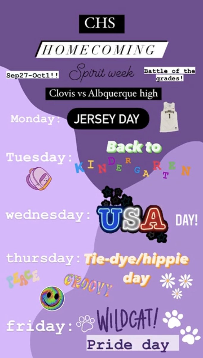 ClovisCouncil's tweet photo. Homecoming week is coming up September 26-October 1. Please see the attached dress up days. We can't wait to see all of your fun dress up ideas! https://t.co/oFrnaovFG1