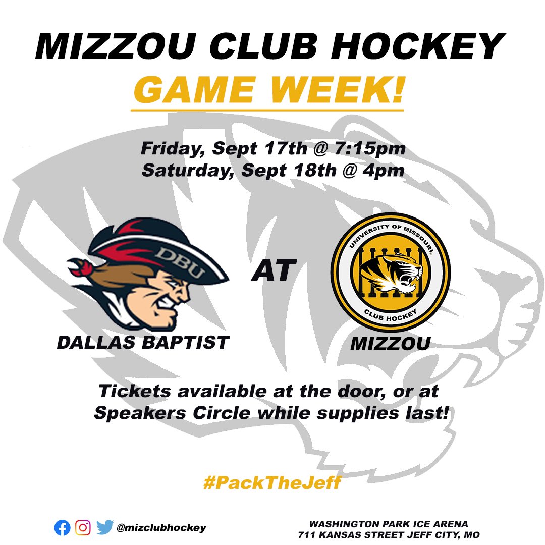 MizClubHockey's tweet photo. Another gameweek already!!!! 

DBU comes to town in our first MACHA matchup of the season! It’s a big one! @dbu_hockey  #PackTheJeff 🐯 https://t.co/fOFP1kLw7w