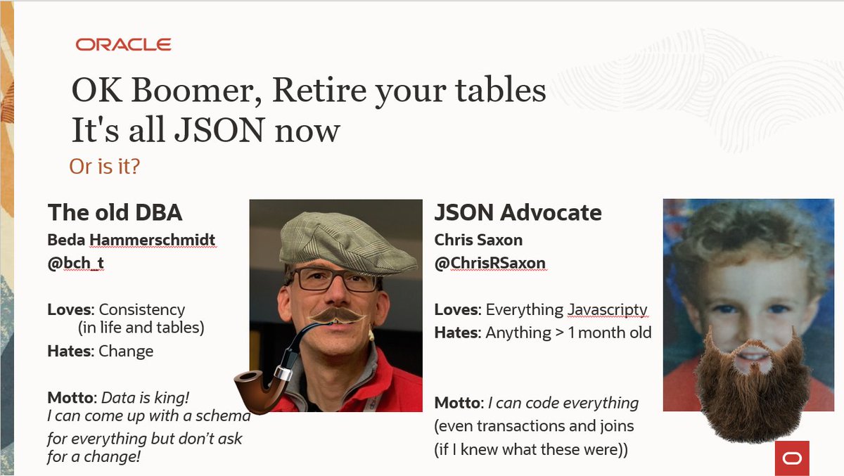ChrisRSaxon's tweet image. In just over an hour @bch_t and I will fight it out to decide whether it&apos;s better to store your data relationally or as #JSON

asktom.oracle.com/pls/apex/askto…

That&apos;s 6pm UK time, 14th Sept - hope you can join us

#AskTOMOfficeHours