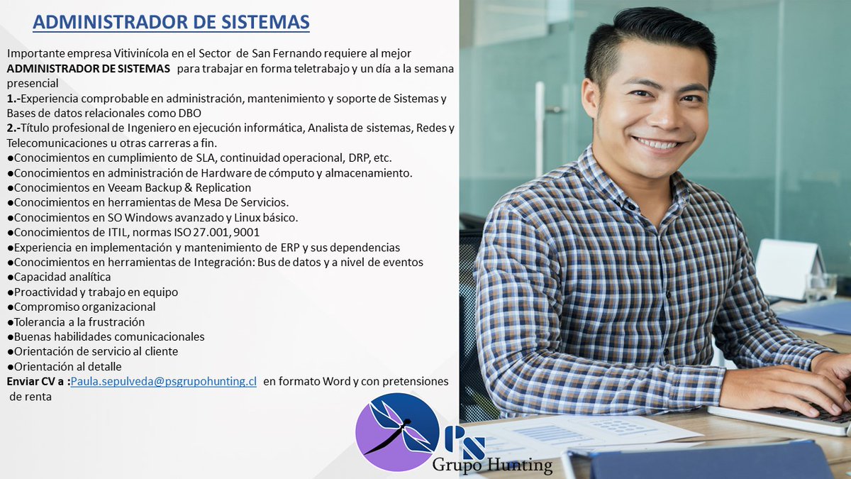 hunting_ps's tweet image. #haypega #haytrabajo #administradordesistemas #oportunidadlaboral #santiago #chile
