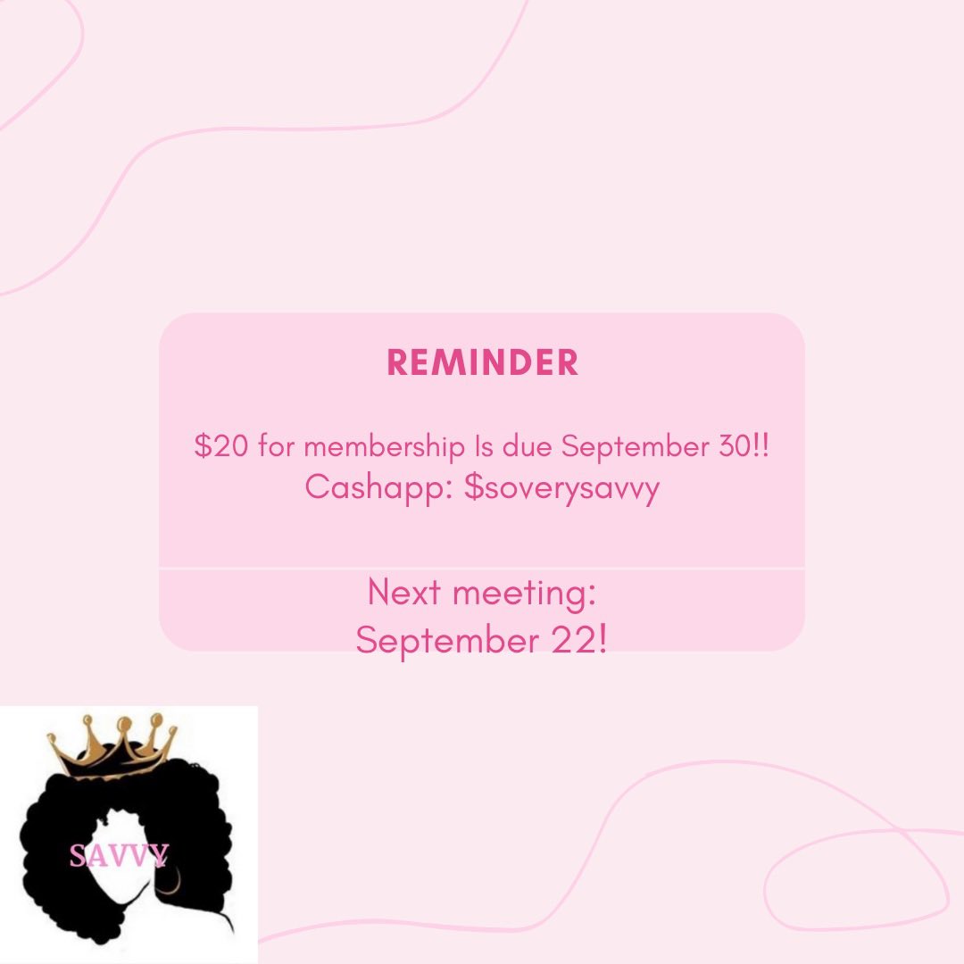 Just a reminder that $20 for membership is due September 30! Cashapp is $soverysavvy and make sure to put your full name and T-shirt size. You can also pay in cash at our next meeting if needed. Make sure to request membership on Garnet Gate after paying and have a great week!