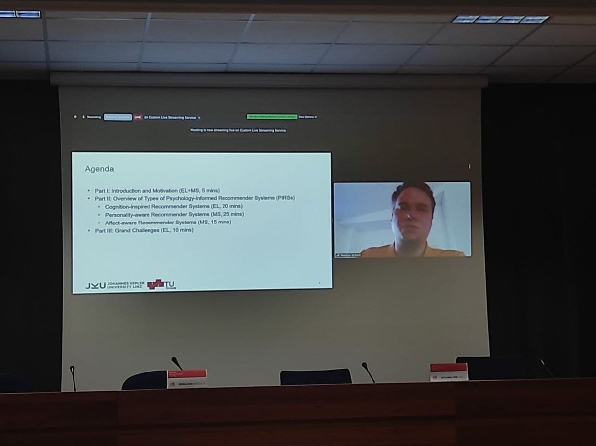 2021Iir's tweet photo. Markus Schedl (@m_schedl) presenting Elisabeth Lex (@elisab79) and his tutorial at #IIR2021: Psychology-informed Recommender Systems
Follow the tutorial at: https://t.co/UyBWpgRvXk
Tutorial abstract at: https://t.co/orhRhTUzlJ https://t.co/B8OPdaNXd7