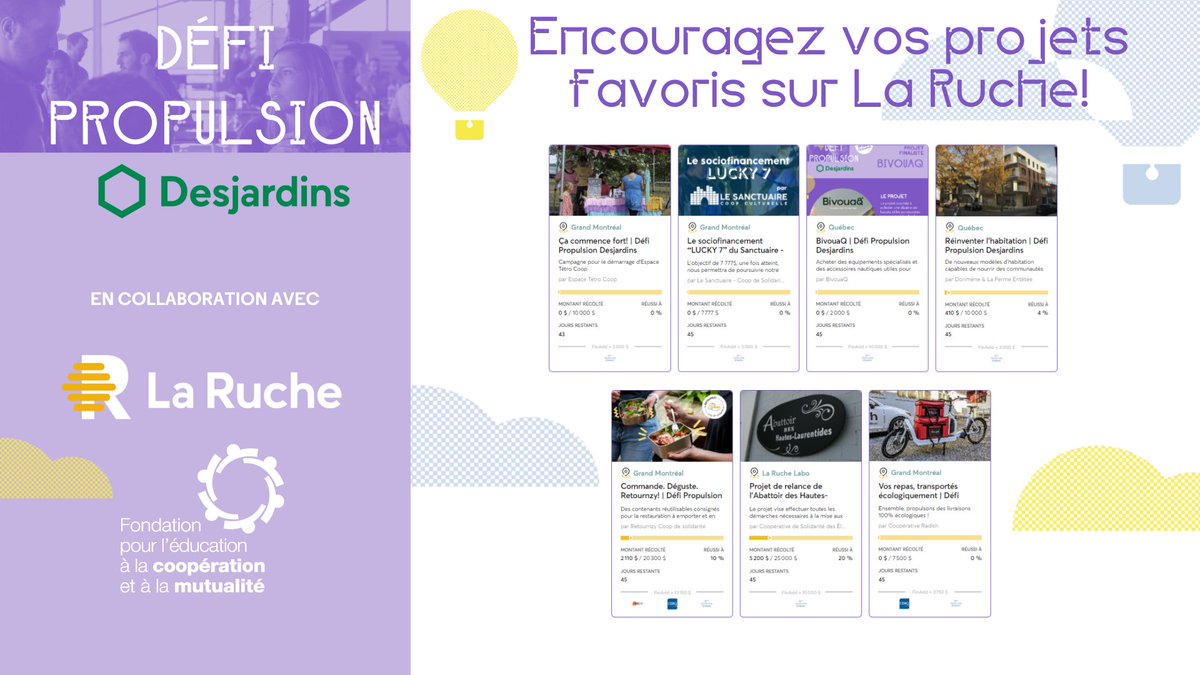 rdvcoop's tweet photo. Votez pour votre projet favori lors du Défi Propulsion Desjardins, diffusé en direct à 13h30. Une période de votes sera ouverte 5 minutes à la fin du Défi! Encouragez votre projet favori en achetant une contrepartie sur La Ruche:  https://t.co/MheyuiqPCM 
#RDVcoop #RDV2021 https://t.co/FjTf9yNQe1