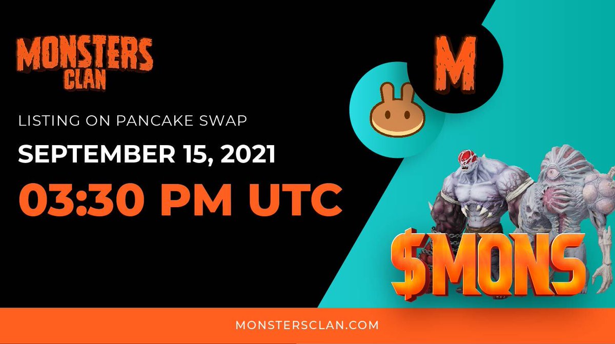 🔊 Hello $MONS Community, kindly keep yourself aware from the fake listings &amp; scam around.

Every new update &amp; listing time will be updated on our legit social platforms.

👾 The listing on Pancake Swap will be on 15th September'21,  3.30 PM UTC.

Stay aware acc. to updates here.