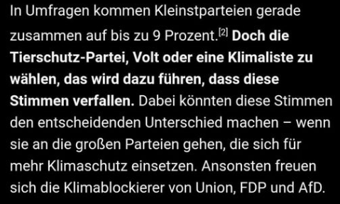jeludw's tweet photo. In einem Newsletter zu behaupten, Stimmen für Kleinparteien verfielen, ist nicht nur inhaltlich völliger Unfug, sondern auch moralisch verwerflich. 

Ist es das, wovon ihr sprecht, wenn ihr "demokratische Teilhabe stärken" wollt, @campact? #Volt #Tierschutzpartei #Klimaliste https://t.co/t3SKFAarv3