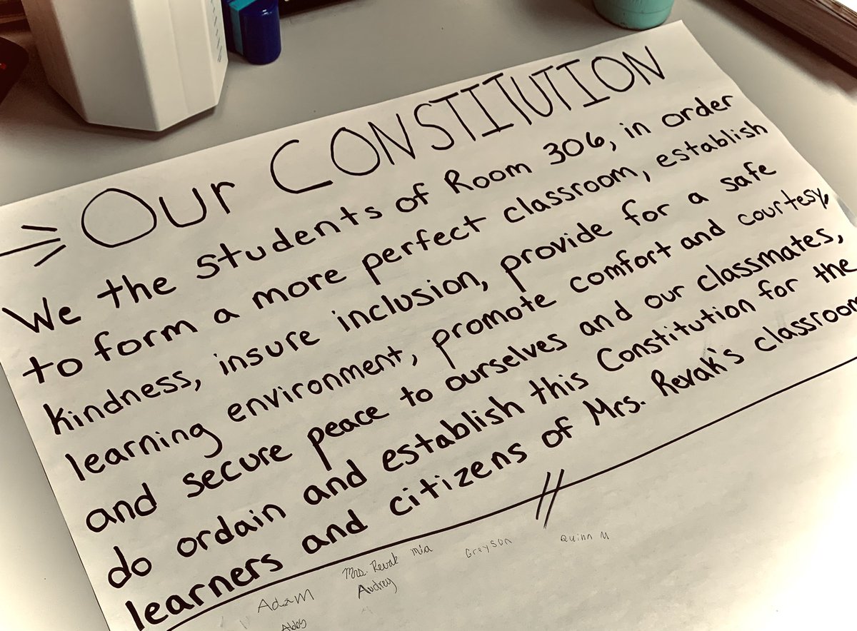 MrsRevak's tweet photo. The students learned about The Constitution, and then created their own version of The Preamble. Of course we had to sign it with a feathered pen! @AvenueOgden #socialstudies #sel https://t.co/N1GDKPcRsn