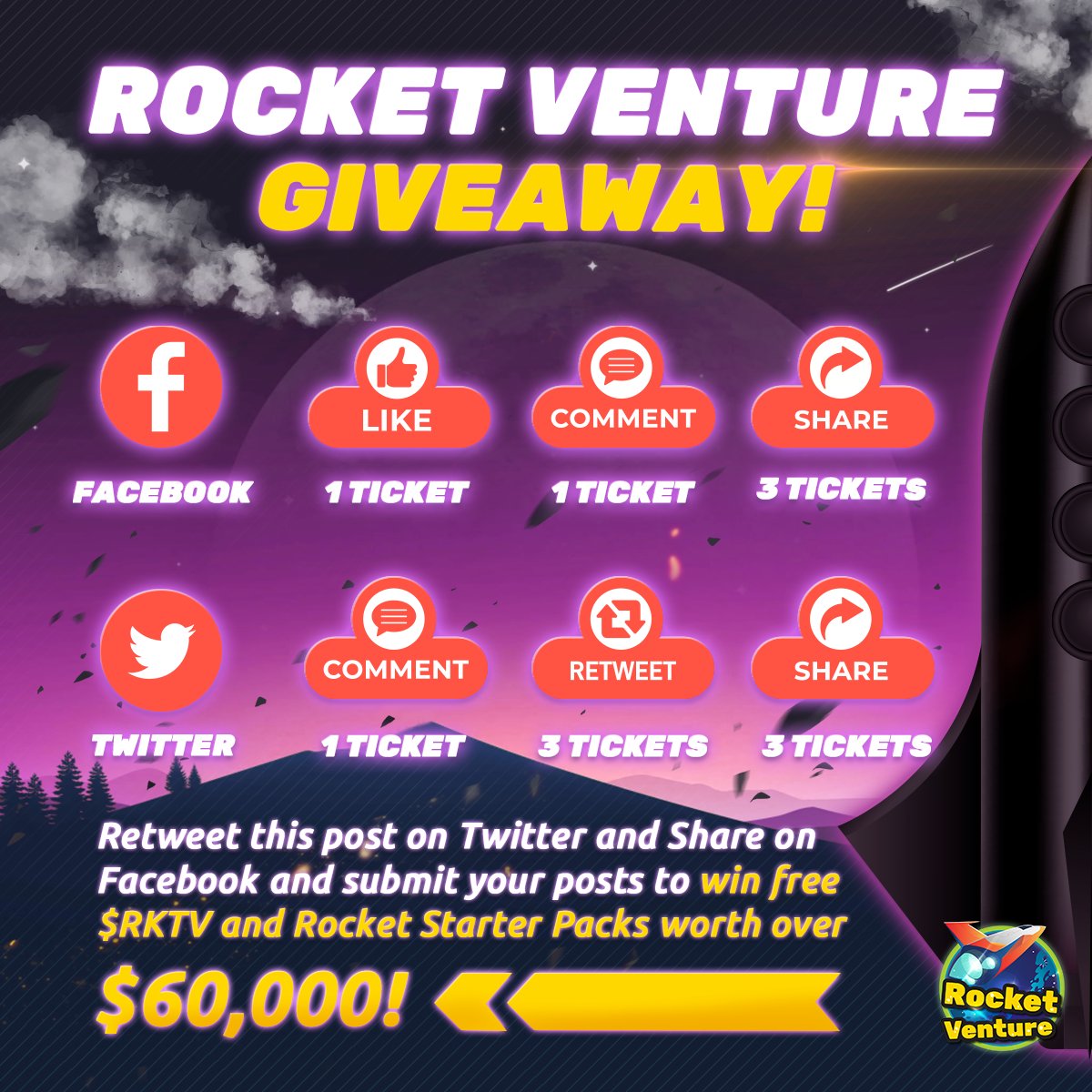 🚀Rocket Venture Giveaway🚀

Retweet this post on Twitter and Share on Facebook to win huge prize✨

📍 Game Launch: 15 Sept 14.00 UTC
👩‍🚀 Website : rocketventure.io
📌 Contract Address : 0x1cCb263dC35437B1fFC9f470024Ca86A341D7fa3

submit your posts👇forms.gle/eigiW4NzQvAMyB…