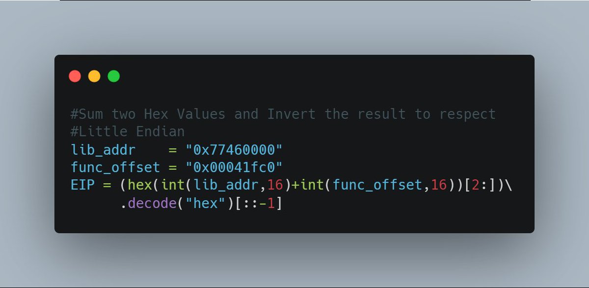 dialbuquerque's tweet image. One liner to sum two address and invert the result. 
#bufferoverflow #binaryexploitation #ret2libc