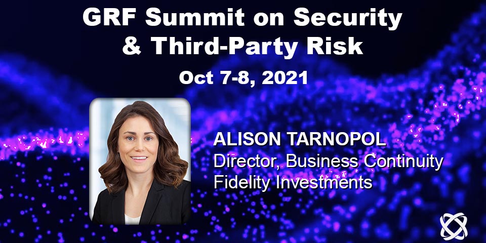 GRFederation's tweet photo. Alison Tarnopol of @Fidelity joins the #GRFsummit to present "Are vendors your weakest link?" alongside Michelle Cross. They'll talk assessing vendor risk/resiliency, understanding inherent risks/potential impacts &amp; tying risk to a resiliency program: https://t.co/2ABvKqikQb https://t.co/3FsPB1qoSR