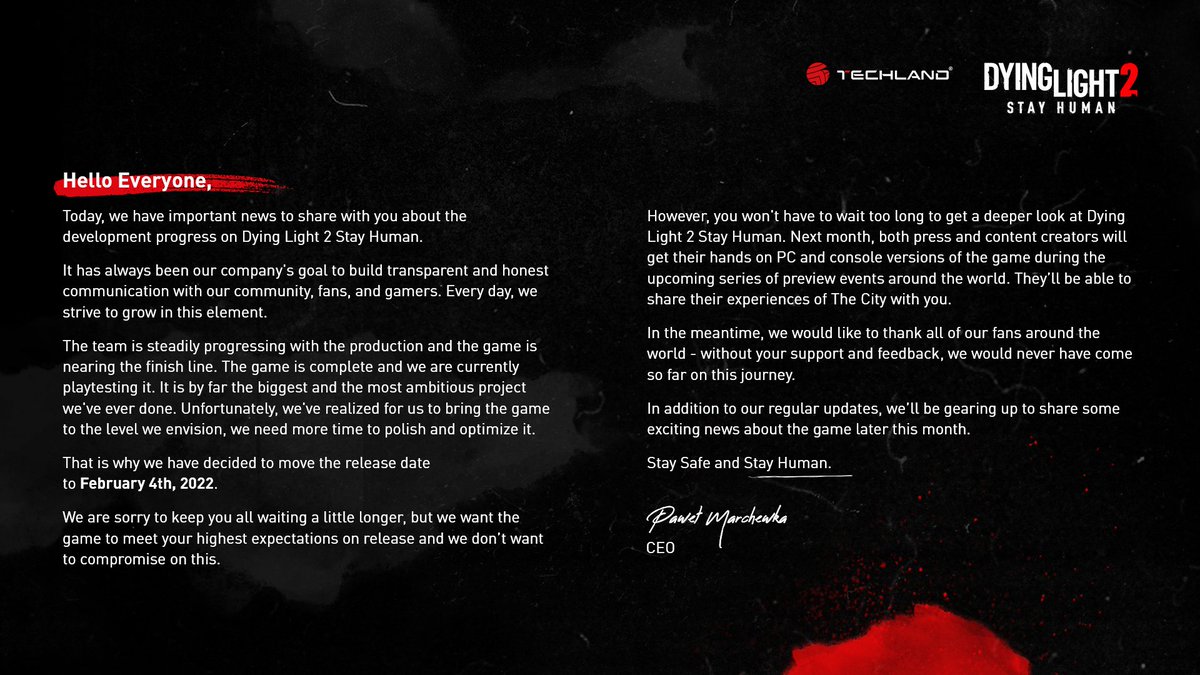 3BitUK's tweet image. Dying light 2 has been delayed until Febuary 4th 2022. You can check out the full statement below!